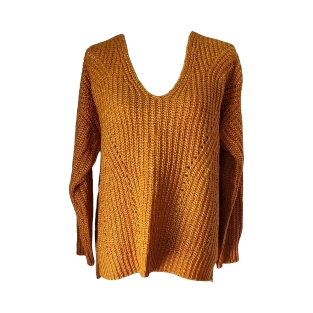 Hippie Rose Mustard Orange Chunky Rib Knit Pattern Long Sleeve Sweater Size L